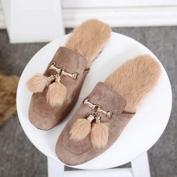 Dametøfler med pels khaki 36