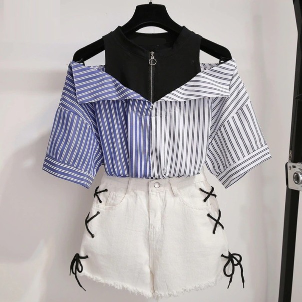 Dametop og denimshorts B1194 blå L