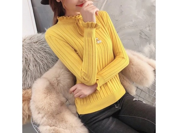 Dameturtleneck med sløjfe gul