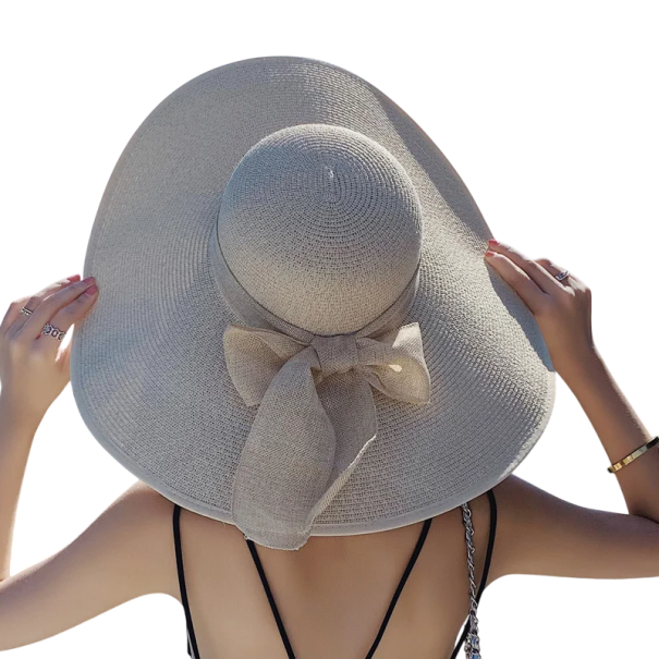 Damhalshatt 56-60 cm med bred brätte Strandhatt med rosett Solskydd Snyggt soltillbehör Beige