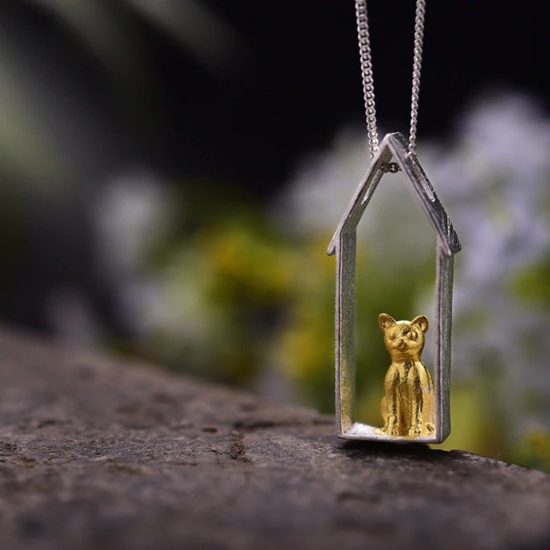 Damhänge med katt D643 silver