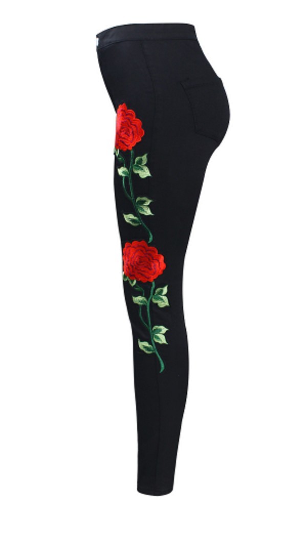 Damjeans med hög midja med blommor - Svart
