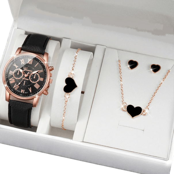 Damklocka och smyckesset Elegant halsband armband örhängen med hjärta Lyx present för kvinnor Presentförpackning svart