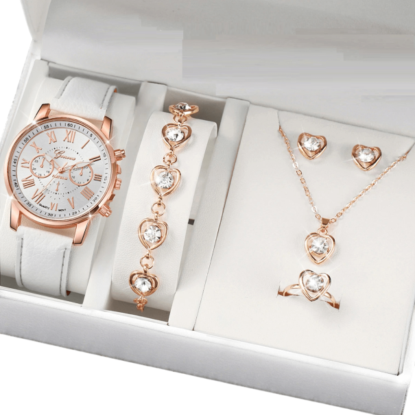 Damklocka och smyckesset Elegant halsband armband örhängen ring med hjärta Lyx present för kvinnor Presentförpackning vit