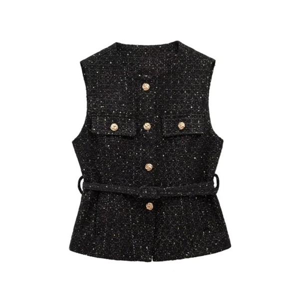 Dams elegant enfärgad väst med bälte och fickor på bröstet U-ringning Knäppning med knappar Stilig polyester väst Olika färger svart S