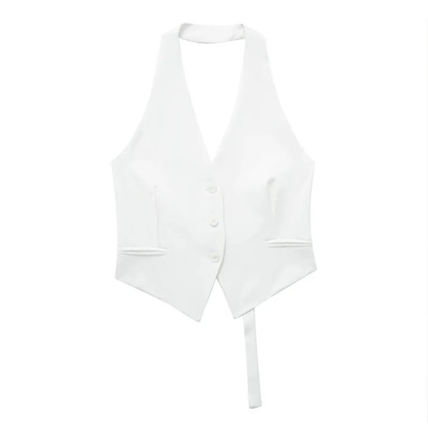 Dams elegant enfärgad väst med V-ringning och fickor Stilig polyester väst med axelband runt nacken och knytning på ryggen vit M