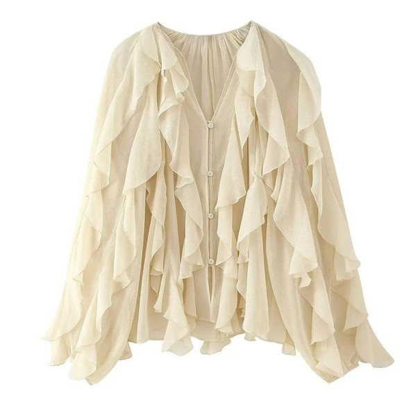 Dams elegant polopr transparent skjorta med volanger och V-ringning Lång ärm Knäppning med knappar Enfärgad blus i lätt polyester beige S