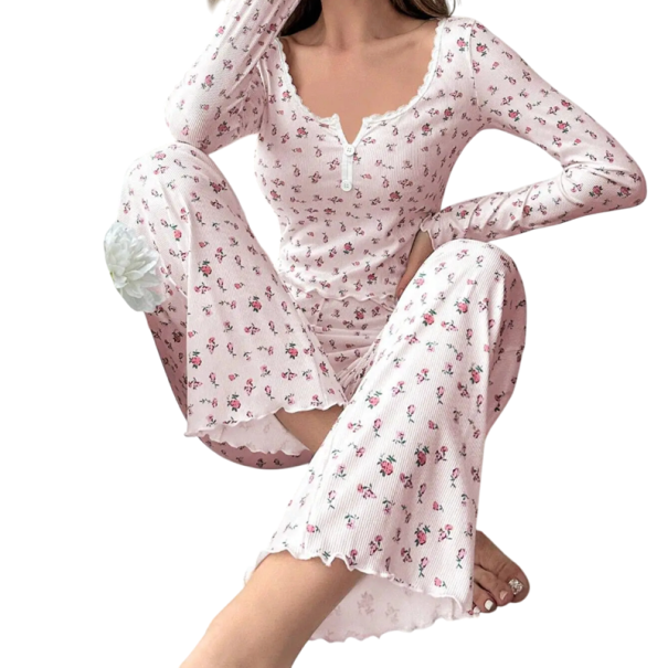 Dams pyjamas med lång ärm och byxor Enfärgad set med blommönster av polyester och spandex i olika eleganta färger rosa M