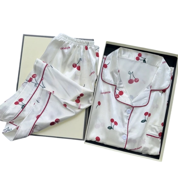 Damsatängs satin pyjamas set skjorta och shorts 2-delad Skjorta med knappar och krage Körsbärstryck Polyester Vit sovset XL