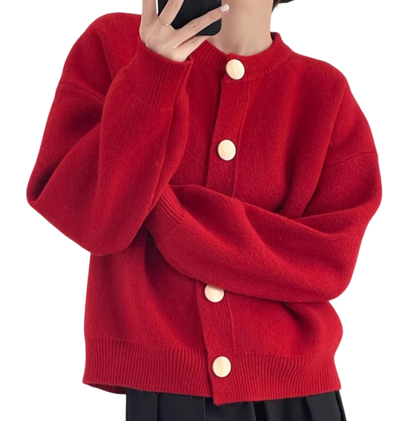 Damsk cardigan i bomull och akryl med långa ärmar och knäppning med knappar Enfärgad tröja i universell storlek Elegant dammode röd