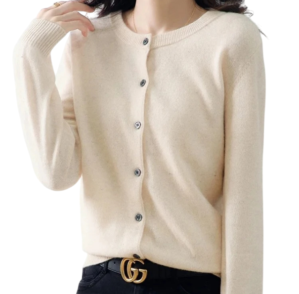Damsk cardigan i polyester med rundad hals Enkel färgad elegant tröja med knappar och långa ärmar Universell storlek beige