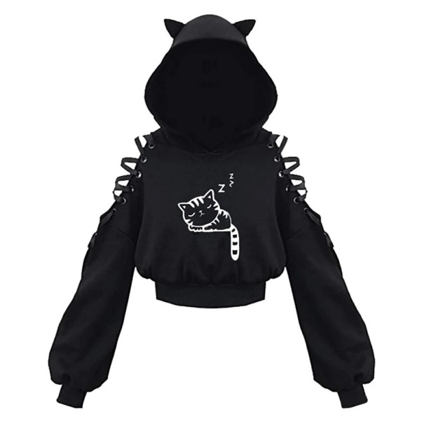 Damsk hoodie med kattöron Svart hoodie med kattmönster och snörning på axlarna Bekväm bomulls-polyester överdel M