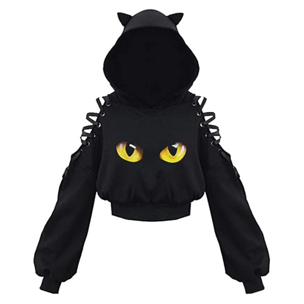 Damsk hoodie med kattöron Svart hoodie med mönster av kattögon och snörning på axlarna Bomull-polyesteröverdel S