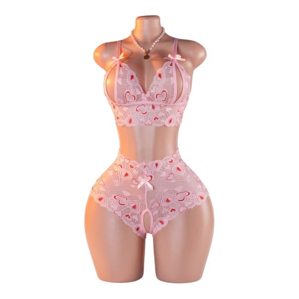 Damsk lace set of underwear open bra with cutouts and bows and transparent panties with open crotch rosa S
