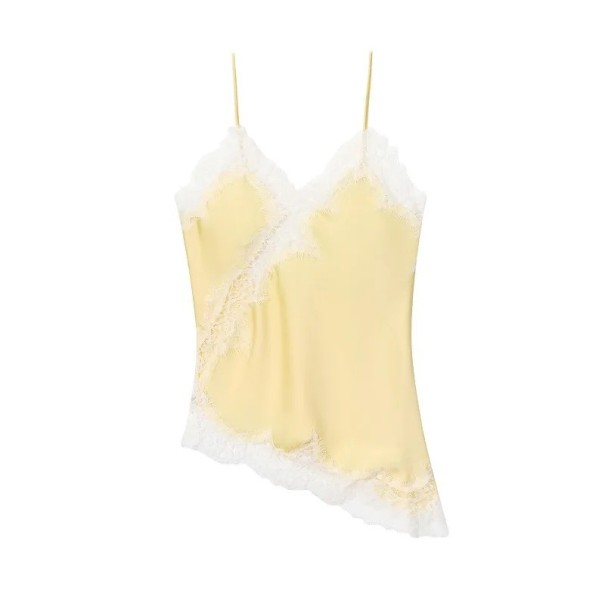 Damsk lace tank top Tunn axelband V-hals Enfärgad elegant topp i polyester Lätt sommartopp gul M