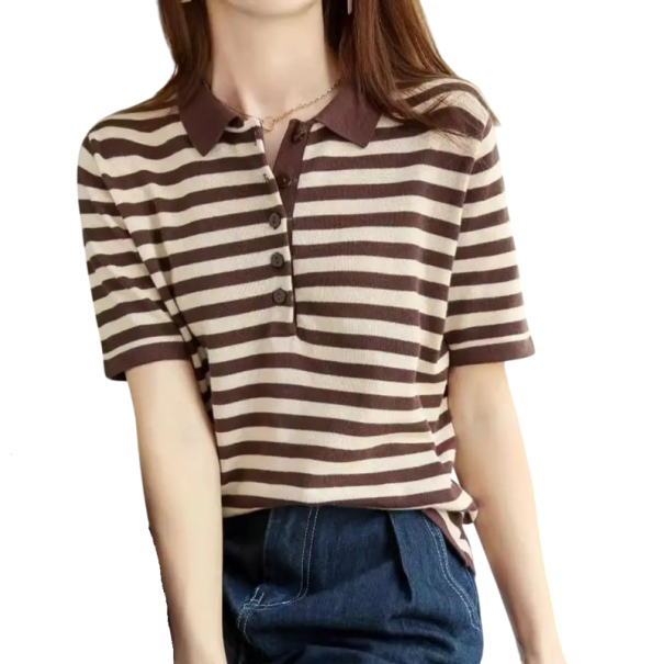 Damsk polo med kort ärm Randig design V-ringning med krage och knappar Bomull sommartopp brun XL