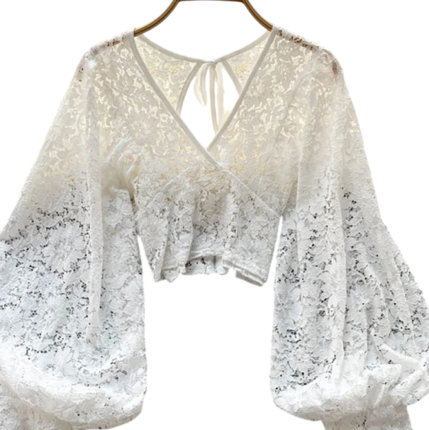 Damsk polopr transparent blus Universell storlek V-hals Lång ärm Rynkning Knut bak vit