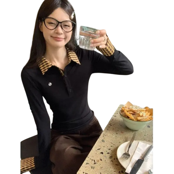 Damsk polotröja med lång ärm Svart utförande V-ringning med krage och knappar Polyester topp gul S