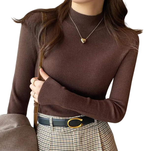 Damsk rullekrave sweater i polyester og bomuld Enfarvet strikket sweater med lange ærmer Elegant top i universel størrelse til vinteren brun