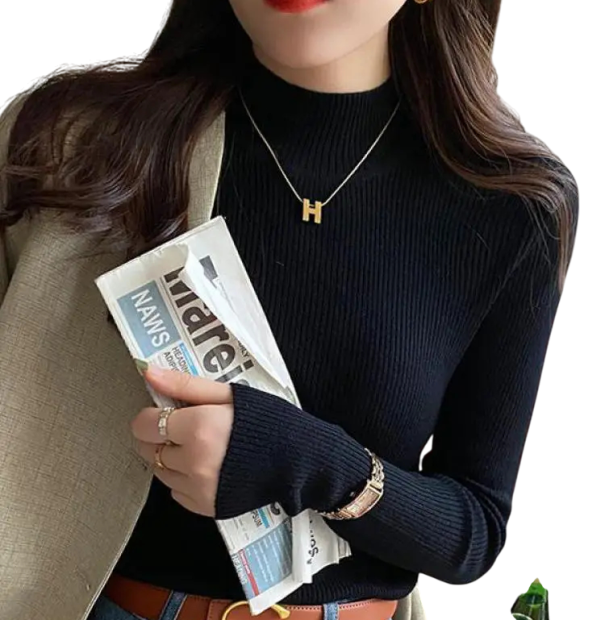 Damsk rullekrave sweater i polyester og bomuld Enfarvet strikket sweater med lange ærmer Elegant top i universel størrelse til vinteren svart
