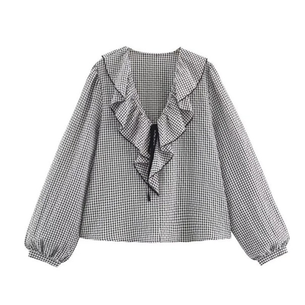 Damsk rutigt skjorta med långa ärmar och volangutskärning Elegant lätt skjorta av polyester för vardagsbruk grå L