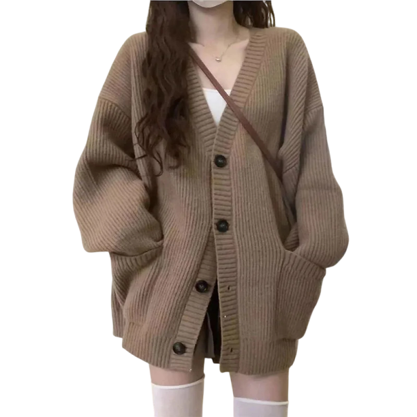 Damsk silkig cardigan med långa ärmar och knäppning med knappar Enfärgad elegant tröja i universell storlek för vardagsbruk brun