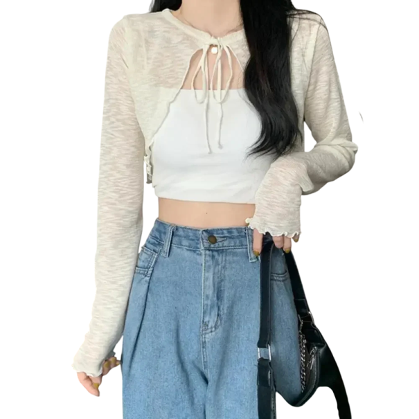 Damsk sommard cardigan med långa ärmar och snörning Enfärgad lätt tröja i polyester Elegant luftig topp för varma dagar beige