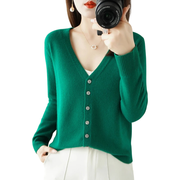 Damsk stickad cardigan med V-ringning Elegant tröja med knappar Enfärgad modetröja Olika färger Polyester Akryl mörkgrön L