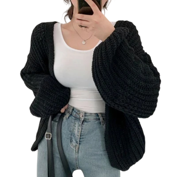 Damsk stickad cardigan utan knäppning av polyester Elegant enfärgad överdrag med långa ärmar Lätt tröja i universell storlek svart
