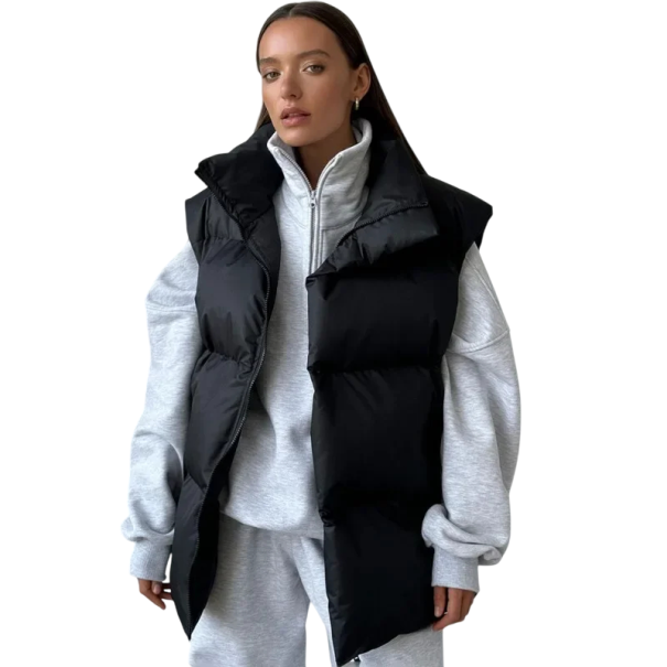 Damsk vinterväst med hög krage och dragkedja Enfärgad varm väst av bomull och polyester Stilig väst för kalla vinterdagar svart L