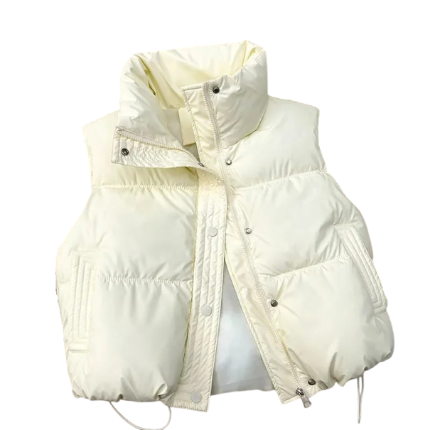 Damsk vinterväst med rullkrage och fickor Enfärgad värmande väst med dragkedja av bomull och polyester Stilig accessoar för kalla dagar vit M