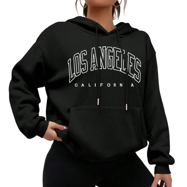 Damska bluza z kapturem i kieszeniami Jednobarwna bluza z napisem Los Angeles Wygodny casualowy strój z miękkiego poliestru w różnych kolorach czarny XS
