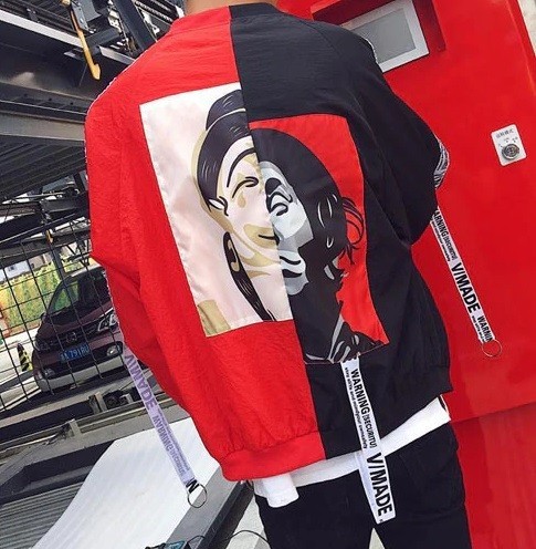 Dámská bomber bunda v hiphopovém stylu Dvoubarevný design Potisk s portrétem na zádech Stuhy na rukávech Volný střih Polyester a bavlna červená S