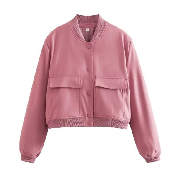 Dámská bunda bomber s kapsami Elegantní krátký kabátek s V-výstřihem Zapínání na knoflíky Stylová jarní bunda s dlouhým rukávem růžová L