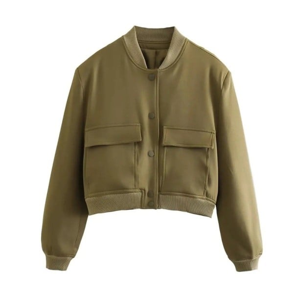 Dámská bunda bomber s kapsami Elegantní krátký kabátek s V-výstřihem Zapínání na knoflíky Stylová jarní bunda s dlouhým rukávem zelená M