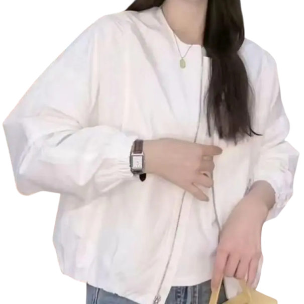 Dámská bunda v korejském stylu s kulatým výstřihem na zip s kapsami a dlouhým rukávem do města i na běžné nošení bílá S