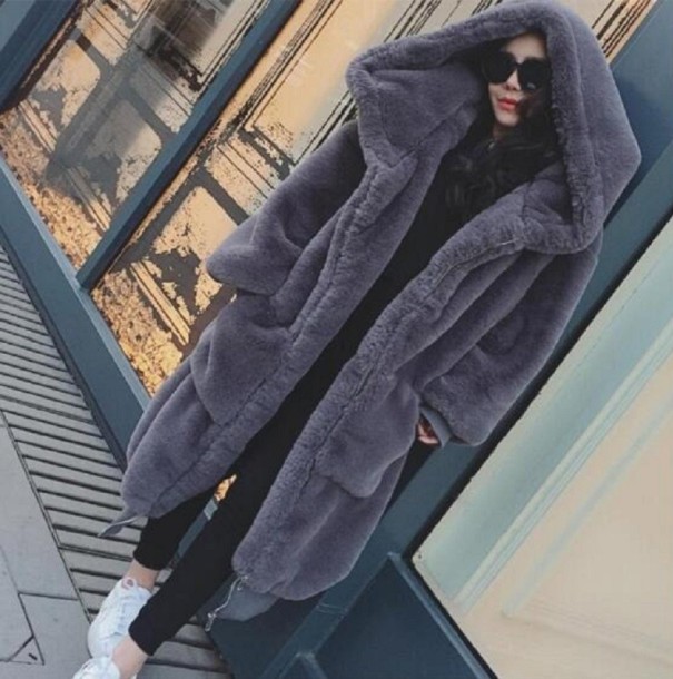 Dámská bunda z umělé kožešiny P2541 tmavě šedá M