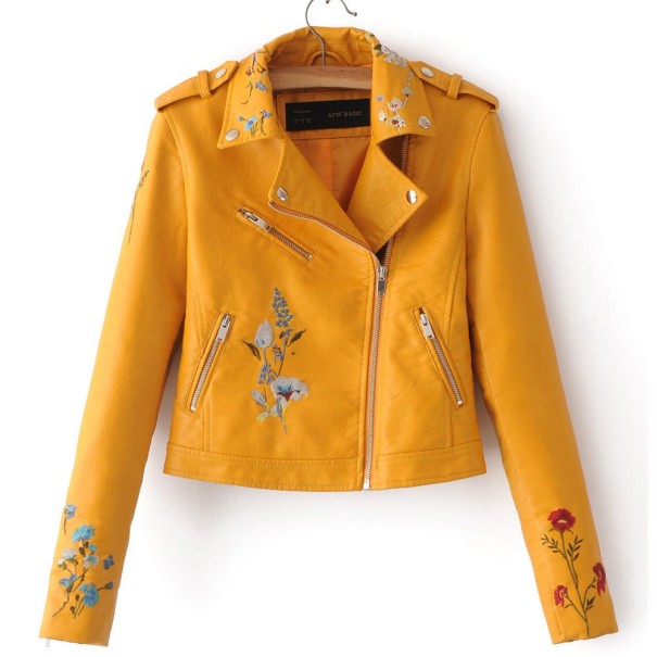 Dámská bunda z umělé kůže s květinovým vzorem - Žlutá L
