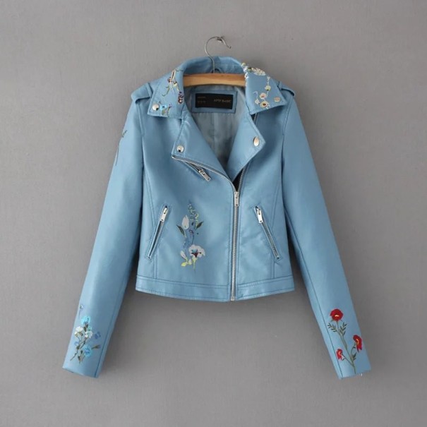 Dámska bunda z umelej kože s kvetinovým vzorom - Modrá L