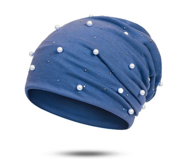 Dámská čepice s perlami a kamínky J3091 modrá