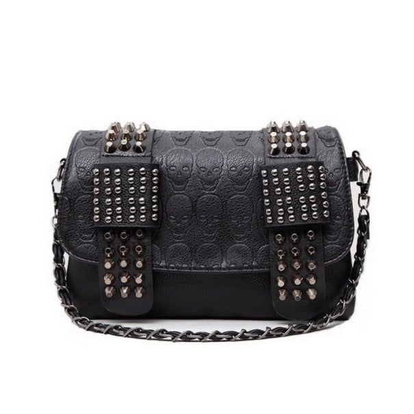 Dámska čierna crossbody kabelka s reliéfnym vzorom lebiek Klopa s cvočkmi Kapsa na zips Odepínací popruh PU koža a polyester Rockový štýl 1