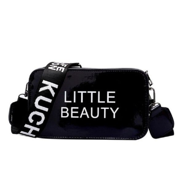 Dámska crossbody kabelka cez rameno Lesklý povrch Nápis na prednej strane Široký popruh s potlačou Zapínanie na zips PU koža 21 x 12 x 6 cm čierna