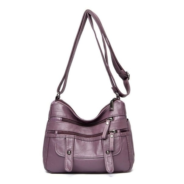 Dámská crossbody kabelka s kapsami na zip na přední i zadní straně Nastavitelný popruh přes rameno PU kůže 26 x 20 x 11 cm světle fialová