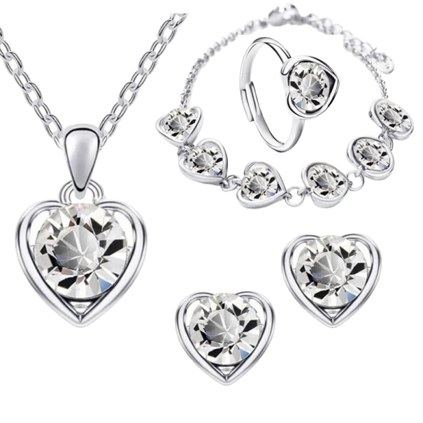 Dámska darčeková sada 4 ks náhrdelník, náušnice, náramok a prstienok v tvare srdiečka strieborná