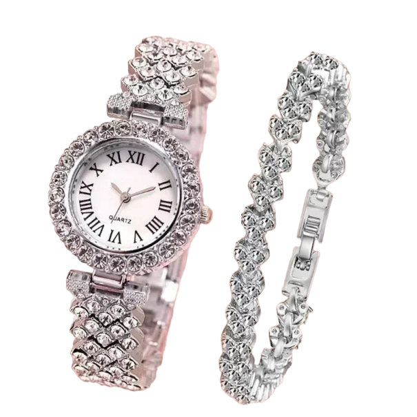 Dámska darčeková sada hodinky a náramok s umelými diamantmi strieborná