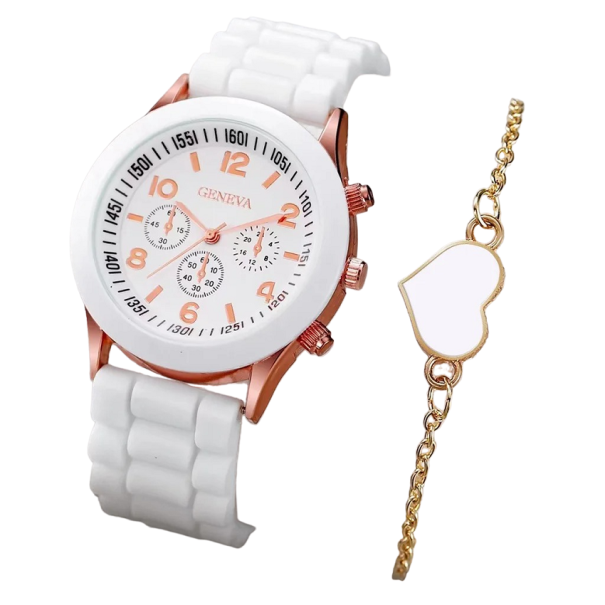 Dámska darčeková sada hodinky a náramok so srdiečkom biela