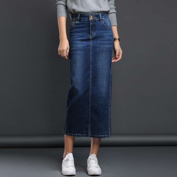 Dámska dlhá džínsová sukňa s rázporkom modrá XXL