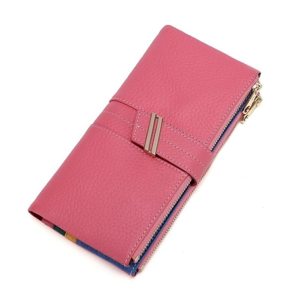 Dámska dlhá peňaženka z pravej kože so zrnitým povrchom Pásik s kovovou sponou Zips pozdĺž okraja Kontrastné prešitie 19,5 x 10 x 1,3 cm ružová
