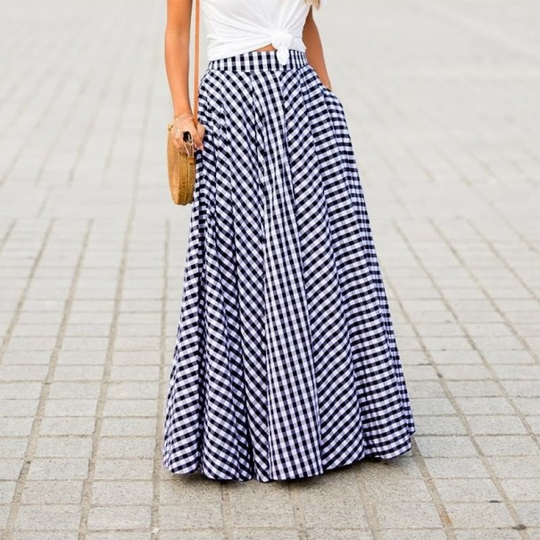Dámska dlhá sukňa s kockovaným vzorom modrá M