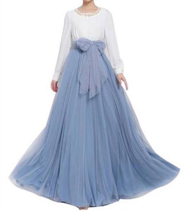 Dámska dlhá tylová sukňa s mašľou svetlo modrá XL